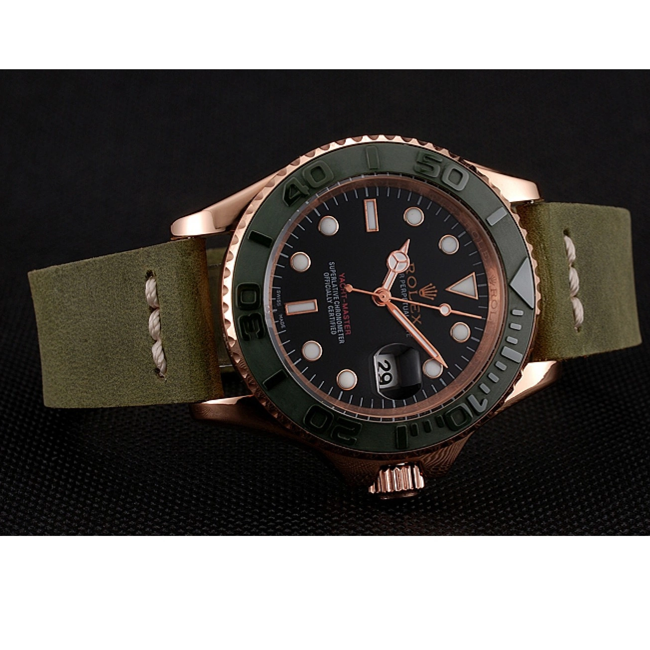 Aaa replica watch Bezel Rose Dial Rolex Black Leather Gold 1453862 Green Bracelet Green Master Case Yacht 0721